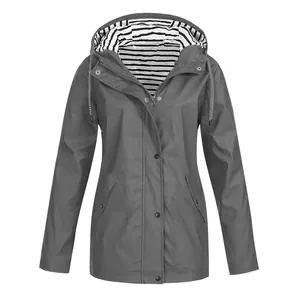 Grey outdoor waterproof windbreaker jacket with striped hood lining detail view for hiking