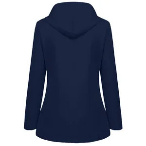 Detailed back view of a navy blue waterproof outdoor hooded jacket for mountain climbing