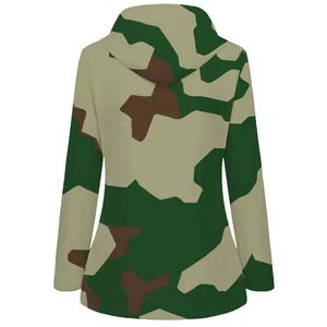 Rear view detail of men's hooded camouflage water-resistant outdoor windbreaker jacket.