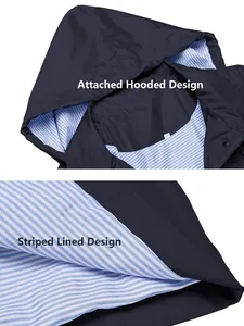 Détail de veste imperméable bleu marine pour femme avec capuche et doublure rayée