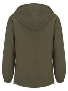 Back view of high-quality olive green lightweight hooded outdoor windbreaker jacket for women