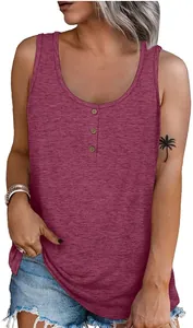 Close-up of women's sleeveless rose pink tank top with wooden front button details