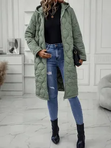 Long quilted hooded jacket in sage green featuring full-zip front and wavy texture