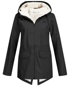 Close-up view of a black fleece-lined hooded windbreaker jacket for outdoors
