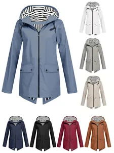 Women Lightweight Hooded Windbreaker Jacket Water Resistant Outdoor Windcheater With Striped Lining Zip Up Casual Outwear Coat