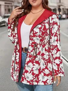 Detailed view of the vibrant red floral print on a lightweight hooded windbreaker jacket.