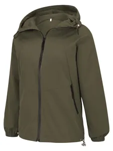 Close-up view of lightweight olive green windproof hooded outdoor jacket for women