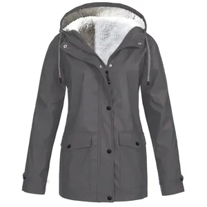 Front view of grey hooded windbreaker with warm white fleece lining and button closure