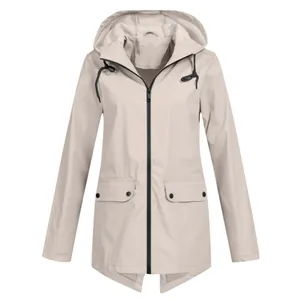 Women's lightweight hooded windbreaker jacket with front zipper and flap pockets