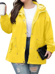 Detailed view of women's bright yellow waterproof windbreaker jacket with hood