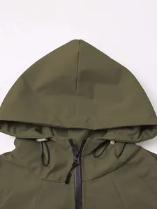 Detail of lightweight hooded windbreaker jacket with zipper and adjustable drawstring