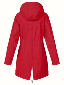 Vibrant red waterproof hooded outdoor jacket for women featuring a detailed back view