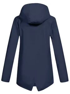 Navy blue lightweight windproof hooded outdoor jacket for women shown from the back