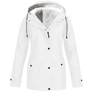 Women's white hooded outdoor jacket with warm grey fleece lining and button pockets