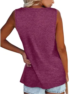 Back view detail of loose round neck sleeveless purple heathered tank top for women