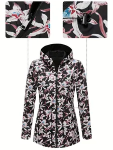 Detail view of women's slim-fit floral waterproof jacket showing zipper and drawstring.