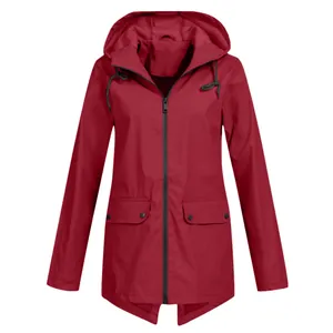 Full front view of women's lightweight red hooded windproof jacket featuring large pockets