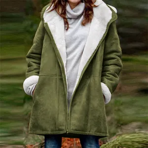Manteau à capuche vert mi-long pour femme avec doublure chaude en polaire sherpa blanche