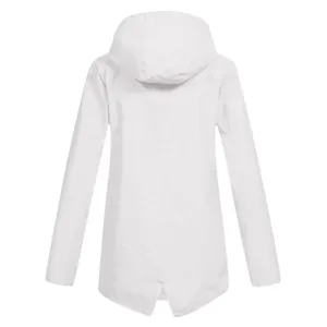 Detailed back view of a white hooded waterproof outdoor windbreaker jacket for women