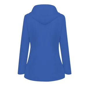 Rear view of a waterproof blue hooded outdoor jacket for hiking and mountain climbing