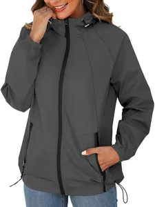 Close-up of lightweight dark grey hooded outdoor windbreaker jacket for women