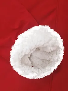 Close-up of soft white fleece lining in a red waterproof outdoor jacket.