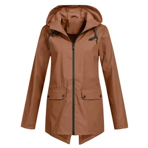 Front view of a brown lightweight hooded outdoor windbreaker for women with zipper