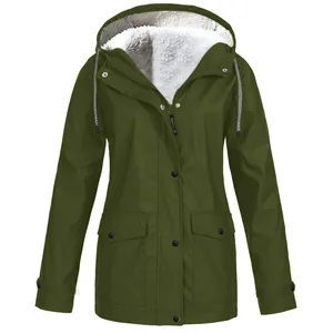Olive green fleece-lined hooded jacket for outdoor hiking and waterproof wind protection