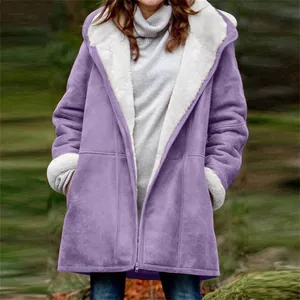 Veste d'hiver mi-longue violette pour femme avec doublure polaire blanche et capuche