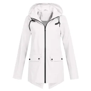 Women's lightweight white hooded outdoor windbreaker jacket with zipper and deep pockets