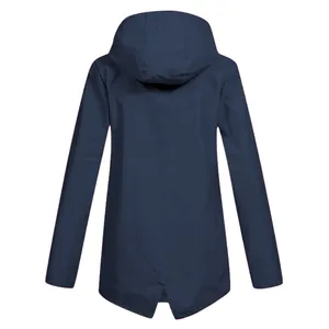 Back view of navy blue hooded waterproof windbreaker jacket for outdoor activities