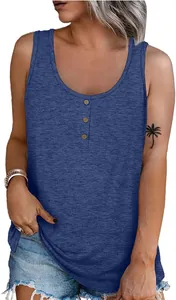 Detail view of women's blue sleeveless Henley tank top with three button accents.
