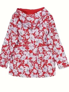 Detailed back view of a red lightweight hooded windbreaker featuring a white floral print