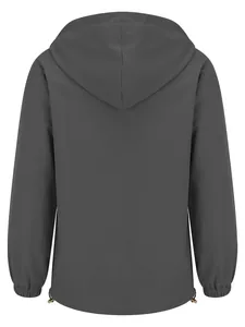 Back view of a premium women's lightweight grey hooded outdoor windbreaker jacket