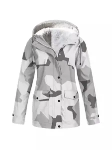 Outdoor men's hooded camouflage waterproof windbreaker jacket with warm white fleece lining