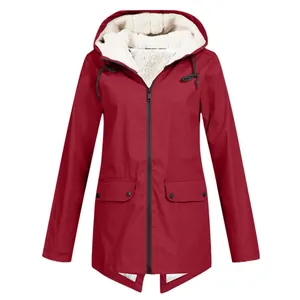 Detailed front view of women's red waterproof fleece lined hooded outdoor jacket