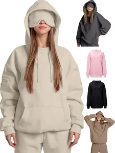 Sudadera Oversize con Capucha para Mujer Color Sólido Casual Holgada Manga Larga con Diseño de Máscara de Ojos Bolsillo con Cremallera en la Manga Moda Otoño Invierno