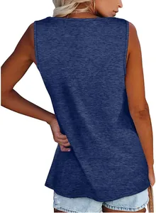 Professional back view of a women's navy blue sleeveless round neck loose tank top
