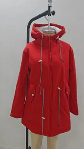 Full view of red hooded outdoor parka jacket with warm white fleece lining on mannequin