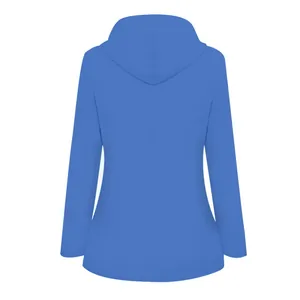 Detailed back view of a vibrant blue hooded outdoor hiking jacket windbreaker for women