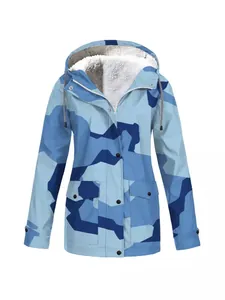 Blue camouflage hooded water-resistant outdoor jacket with a warm fleece lining