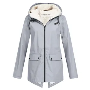 Detail view of light gray fleece lined hooded windbreaker with water-resistant fabric