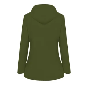 Back view of a green outdoor hooded jacket with a minimalist design for autumn