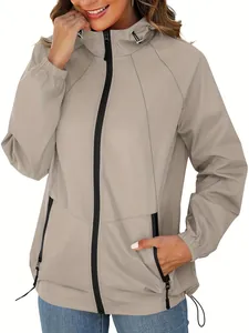 Lightweight women's outdoor windbreaker jacket featuring a hood and full zip closure