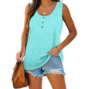 Close-up of women's sleeveless mint green tank top with button-front detail