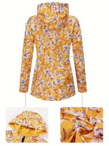 Detailed views of a women's yellow floral windproof waterproof jacket with hood.