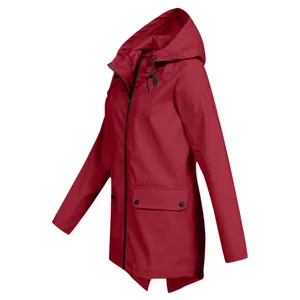 Women's lightweight red hooded windproof outdoor jacket shown from a side detail angle