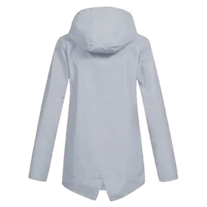 Detailed back view of a light blue waterproof hooded outdoor jacket for autumn and winter