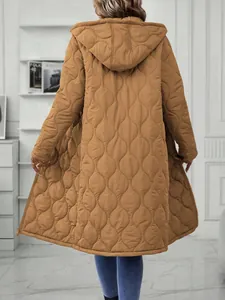 Stylish back view of a women's long hooded quilted casual jacket in warm camel.