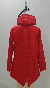 Red fleece-lined hooded outdoor mountain jacket with waist drawstring back view